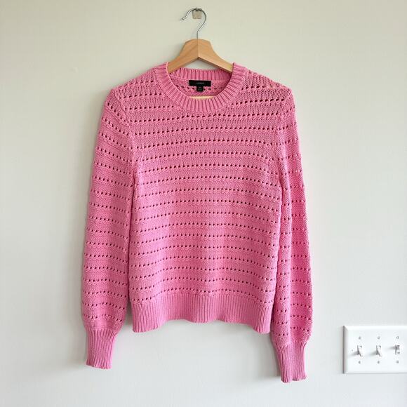 J. Crew Balloon Sleeve Pointelle Crew Neck Cotton Pullover Sweater Pink XS - Picture 1 of 8